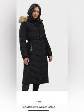 RUDSAK Black Long Belted Puffer Coat with Faux Fur Trim